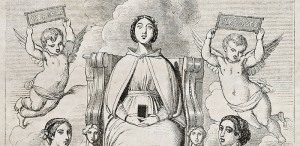 Three women (Beatrice, Laura and Orsolina) that three Italian poets (Dante, Petrarca, Ariosto) loved. Created by Boulanger, published in Magasin Pittoresque, Paris, 1840