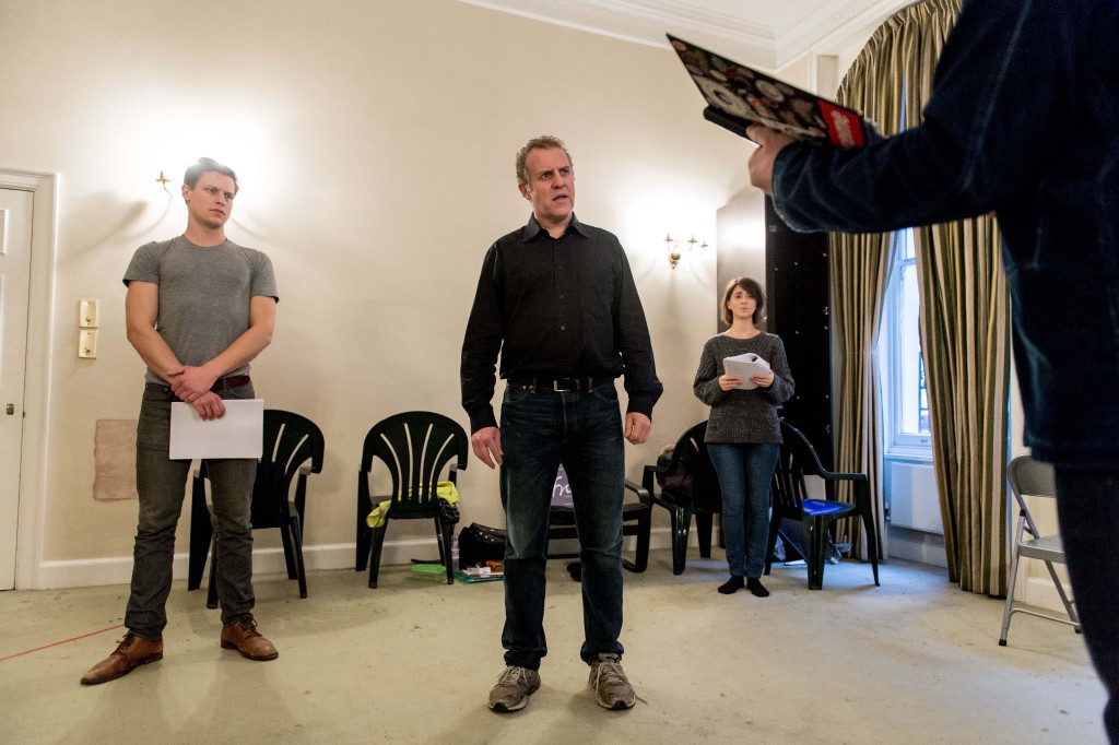 Max Bennett (Tony) Nigel Lindsay (Carter) and Susannah Fielding (Isobel) in rehearsal for Bull. Photo by Manuel Harlan.