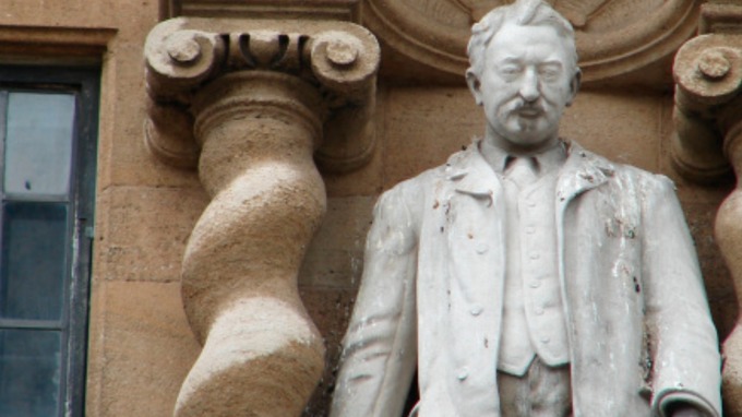 A closeup of the Rhodes statue. - ITV stream