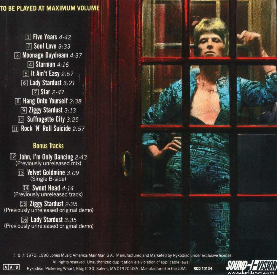 The rear cover of the Ziggy Stardust album, Rykodisc