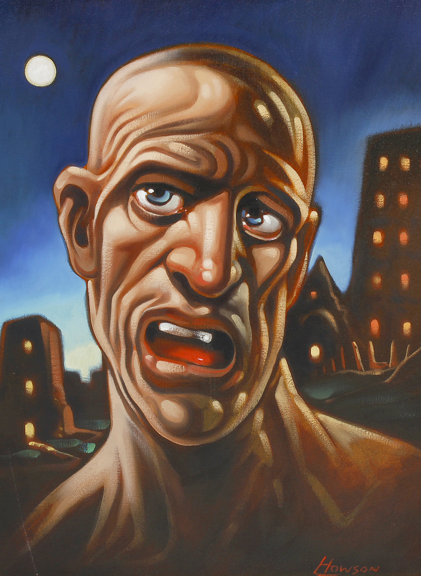 ARR Peter Howson, (b.1958-) 'Solo', a bust-length portrait of a male figure in the moonlight, with tower blocks beyond Oil on canvas Signed lower right 23.5" x 17.5", (59.5cm x 44.5cm) in gilt slip and ebonised frame.
