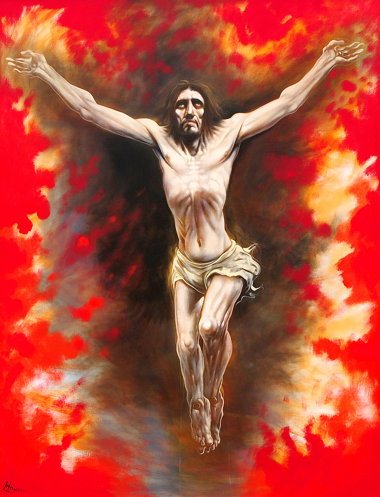 ARR Peter Howson, (b.1958) Crucifixion, an epic representation of Christ on the Cross surrounded by flames and a red sky Oil on canvas, signed lower left 94.5" x 71", (240cm x 180cm) Flowers Gallery label verso