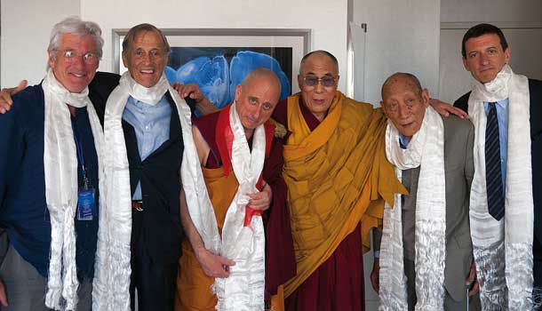 His Holiness the Dalai Lama, Khyongla Rato Rinpoche and Nicholas Vreeland after the investiture, along with his father Frederick Vreeland, his brother Alexander, and Richard Gere.