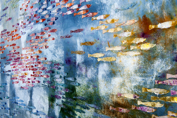 Detail of Water rainbow painting using Murano glass 