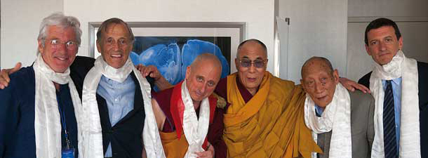 His Holiness the Dalai Lama, Khyongla Rato Rinpoche and Nicholas Vreeland after the investiture, along with his father Frederick Vreeland, his brother Alexander, and Richard Gere.